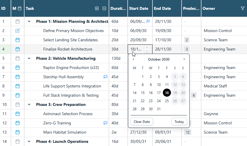 Auto-Scheduling Demo showing tasks cascading