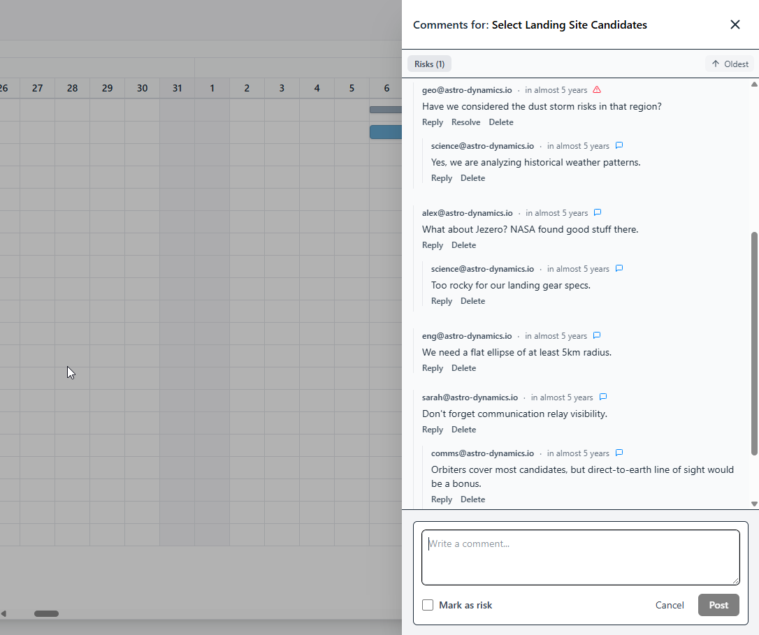Collaboration panel with comments and risk flags
