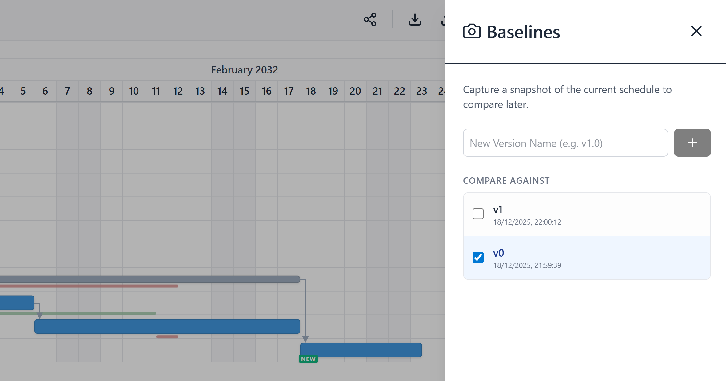 Baseline comparison showing original vs current schedule